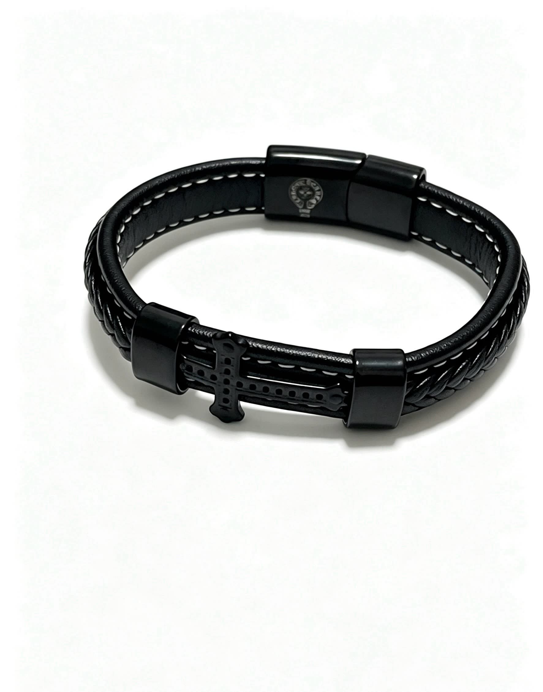 Chrome Hearts Black Leather Bracelet with Cross Clasp Chrome Hearts Black Leather Bracelet with Cross Clasp